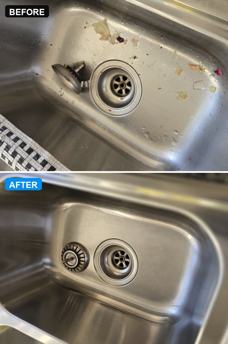 Before and after cleaning by Art of CleaNest in Edmonton — Kitchen sink, transformed