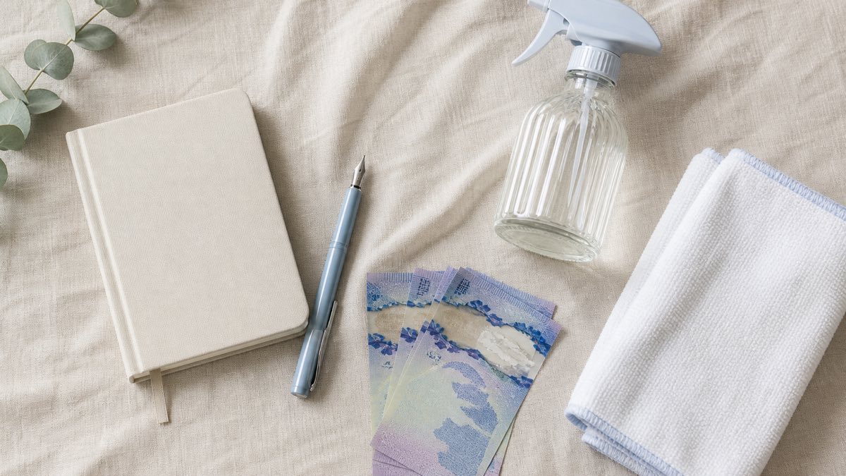 House cleaning prices in Edmonton — cost guide with cleaning supplies and notebook