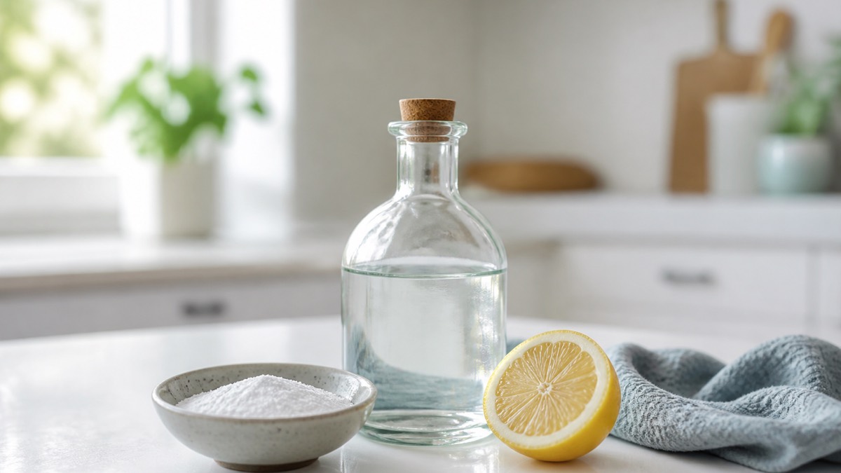 Vinegar and baking soda cleaning — glass bottle of vinegar and dish of baking soda on a counter